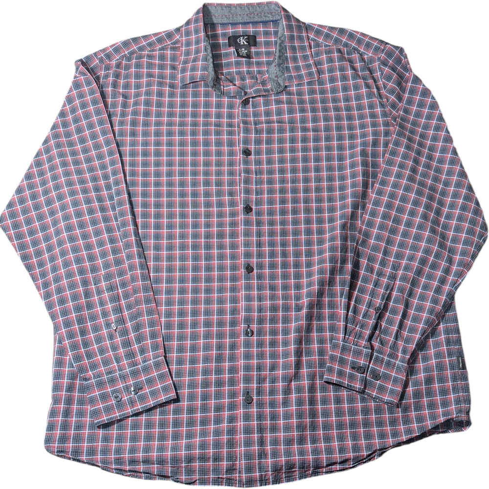Calvin Klein Men's Long-Sleeved, Red & Black Plaid Cotton Dress Shirt Size L
